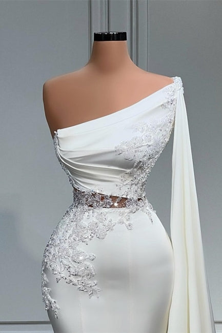 Elegant White One-Shoulder Mermaid Appliques Prom Dress-BallBride