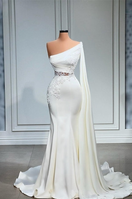 Elegant White One-Shoulder Mermaid Appliques Prom Dress-BallBride