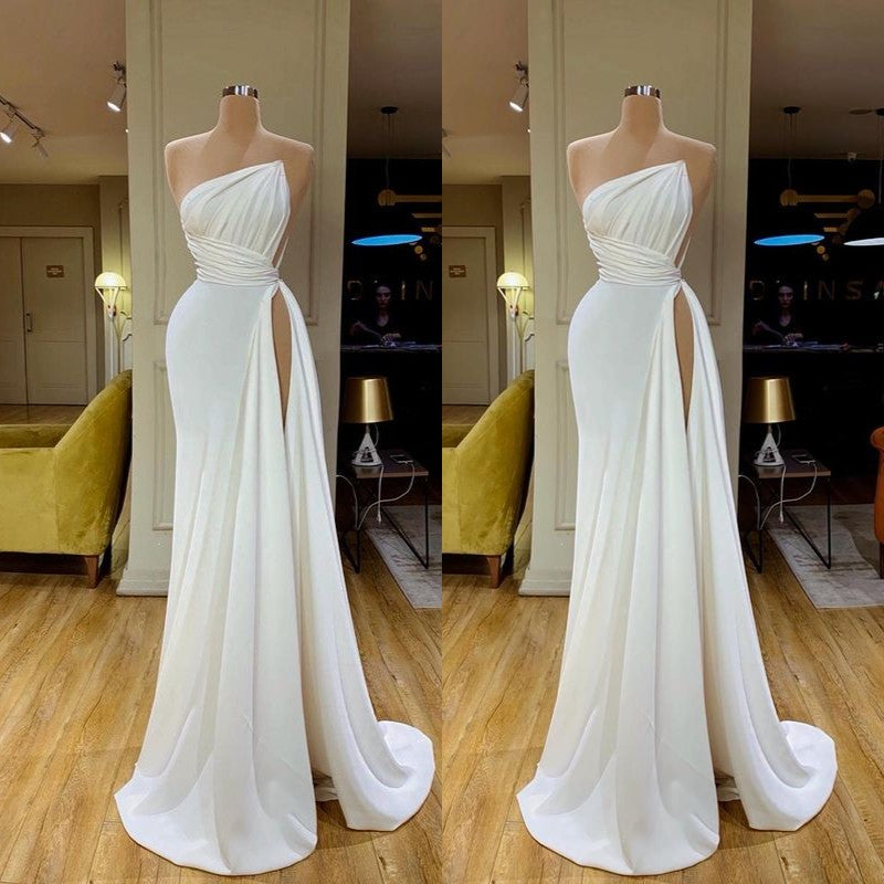 Elegant White Strapless Side Slit Ruffles Fashion Prom Dress-BallBride