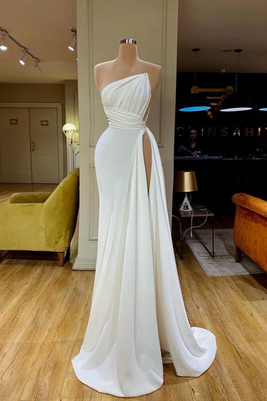 Elegant White Strapless Side Slit Ruffles Fashion Prom Dress-BallBride