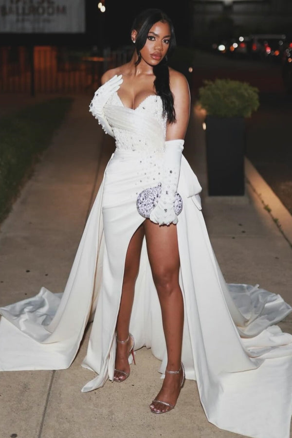 Elegant White Sweetheart Pearls High Split Mermaid Prom Dress-BallBride