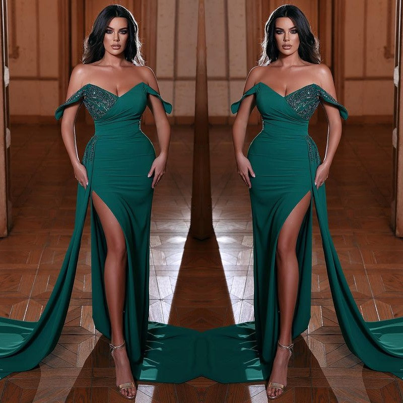 Emerald Green V-Neck Mermaid Evening Dress With Ruffles Split Off-The-Shoulder-BallBride