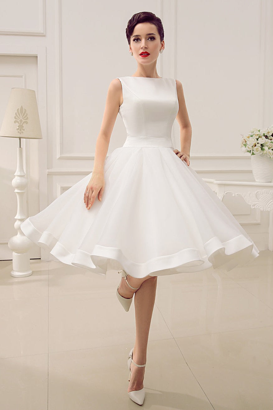Exclusive Short Wedding Dress Retro Bridal Dress Bateau Sleeveless Reception Bridal Gown-Ballbride