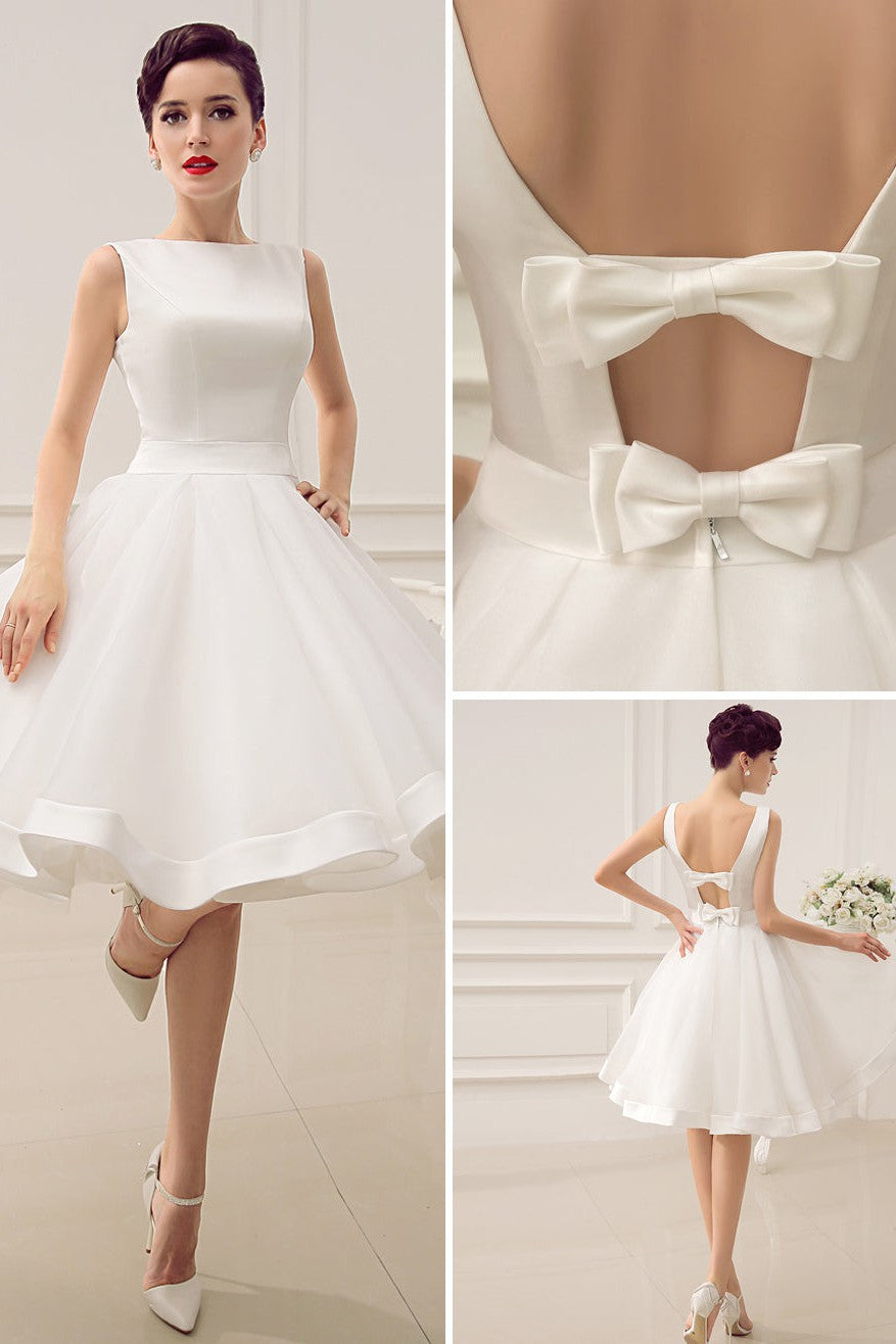 Exclusive Short Wedding Dress Retro Bridal Dress Bateau Sleeveless Reception Bridal Gown-Ballbride