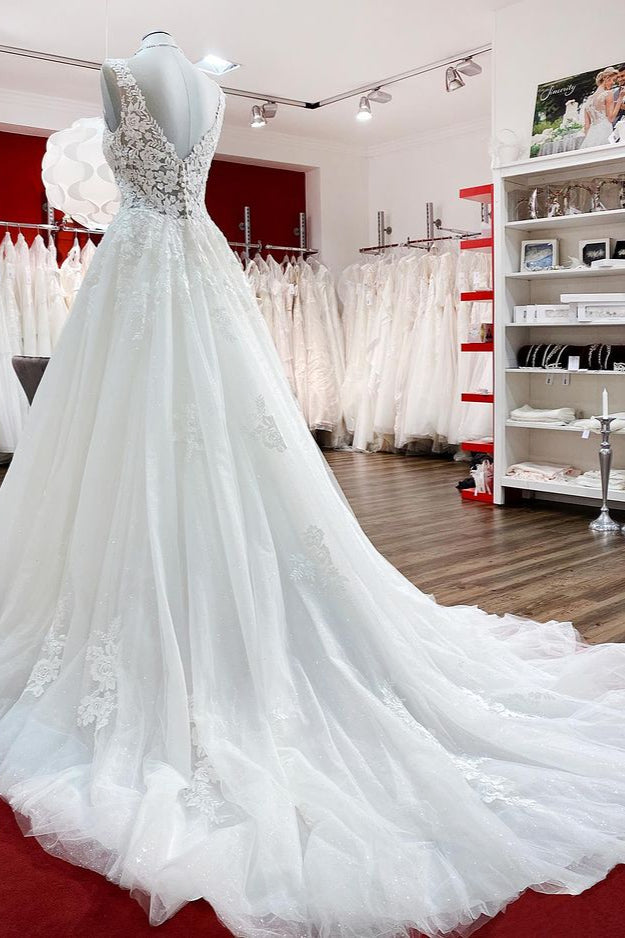 Eye-taking White Ruffles A-line V-neck Tulle Lace Wedding Dress-BallBride