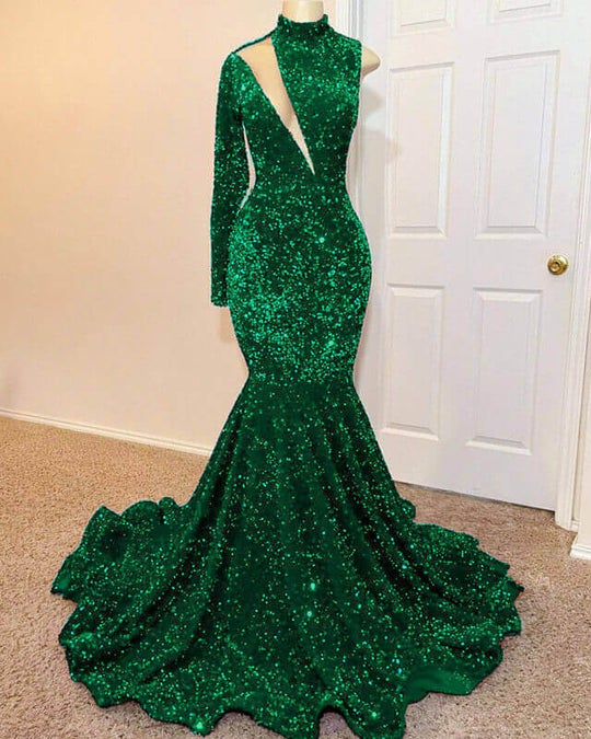 Fabulous Emerald Green Sequins Prom Dress with One Shoulder & Long Sleeves-BallBride