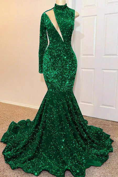 Fabulous Emerald Green Sequins Prom Dress with One Shoulder & Long Sleeves-BallBride