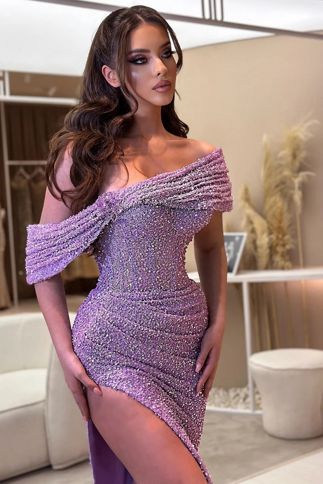 Fabulous Off-the-Shoulder Lilac Evening Dress Sequins Mermaid With Split-BallBride