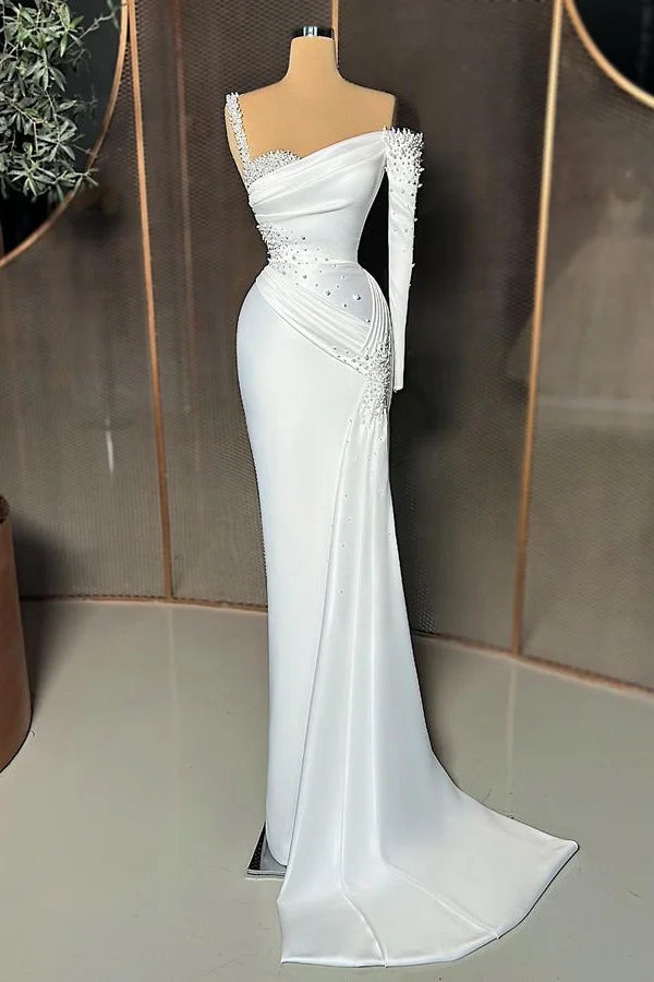 Fabulous One Shoulder Long Sleeve Evening Dress Mermaid With Pearls-BallBride