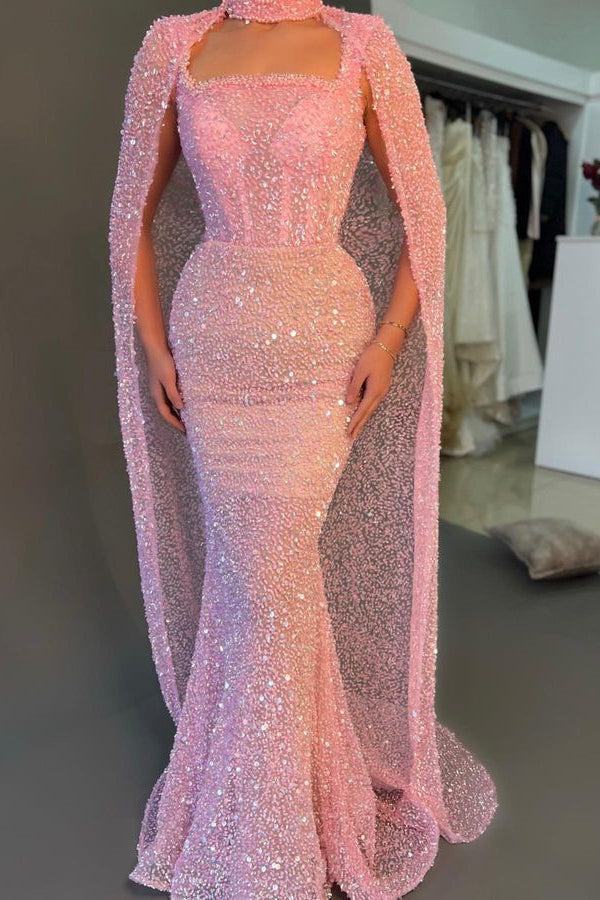 Fabulous Pink Sequins Evening Dress with Mermaid Square Cape-BallBride