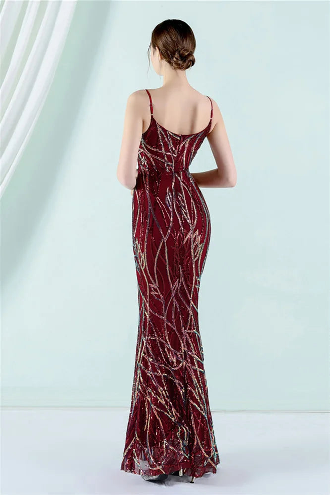Fabulous Spaghetti-Straps V-Neck Sequins Evening Dress Mermaid Long-BallBride