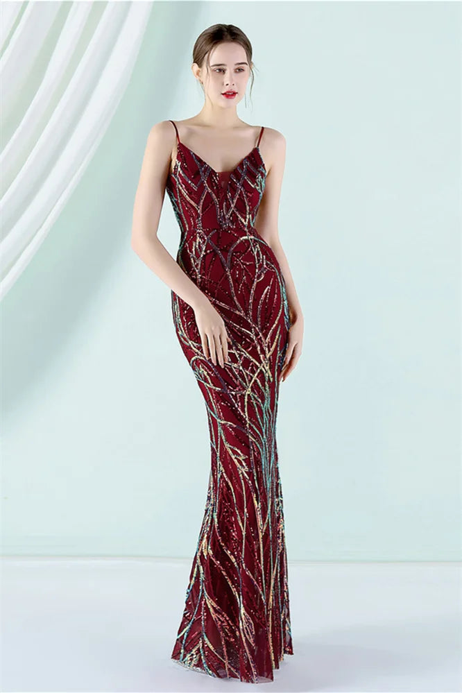 Fabulous Spaghetti-Straps V-Neck Sequins Evening Dress Mermaid Long-BallBride
