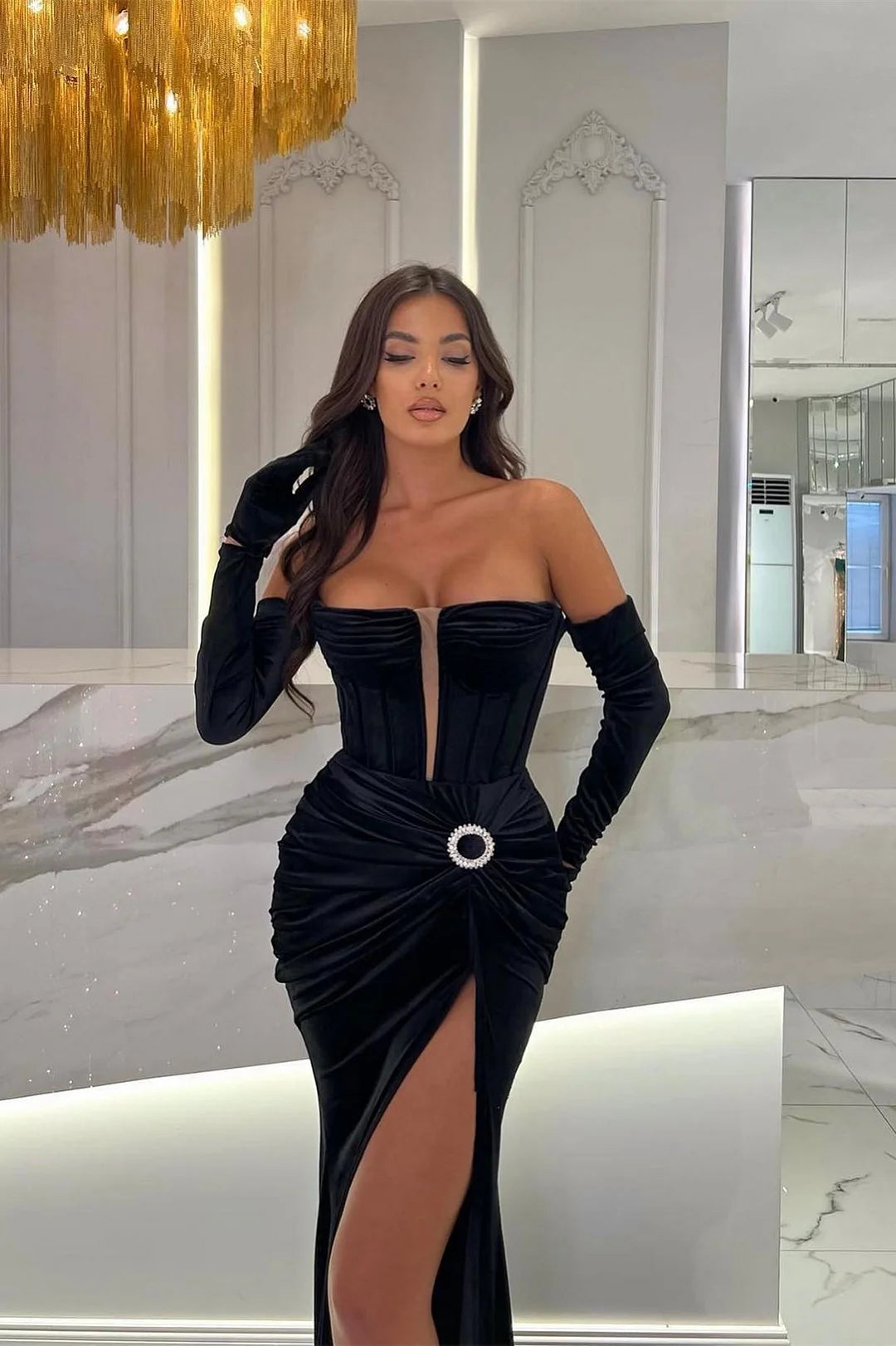 Fashion Black Strapless Mermaid Evening Dress Pleats With Split-BallBride