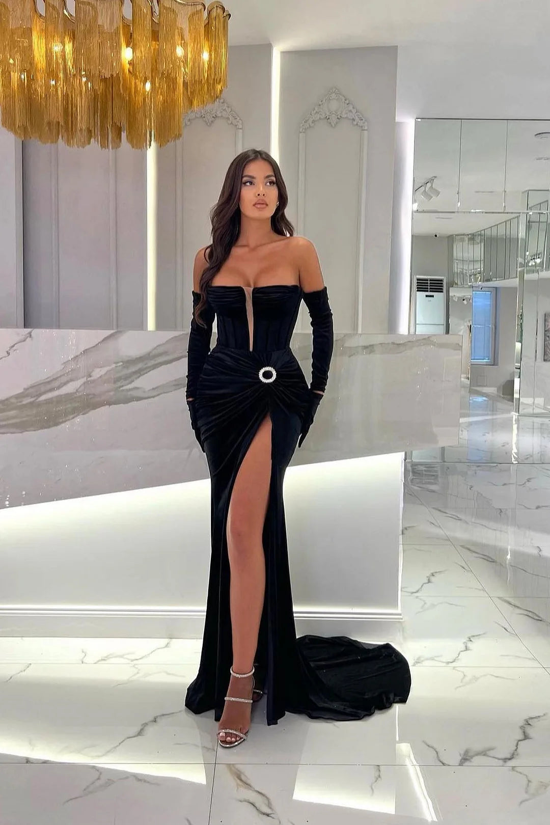 Fashion Black Strapless Mermaid Evening Dress Pleats With Split-BallBride
