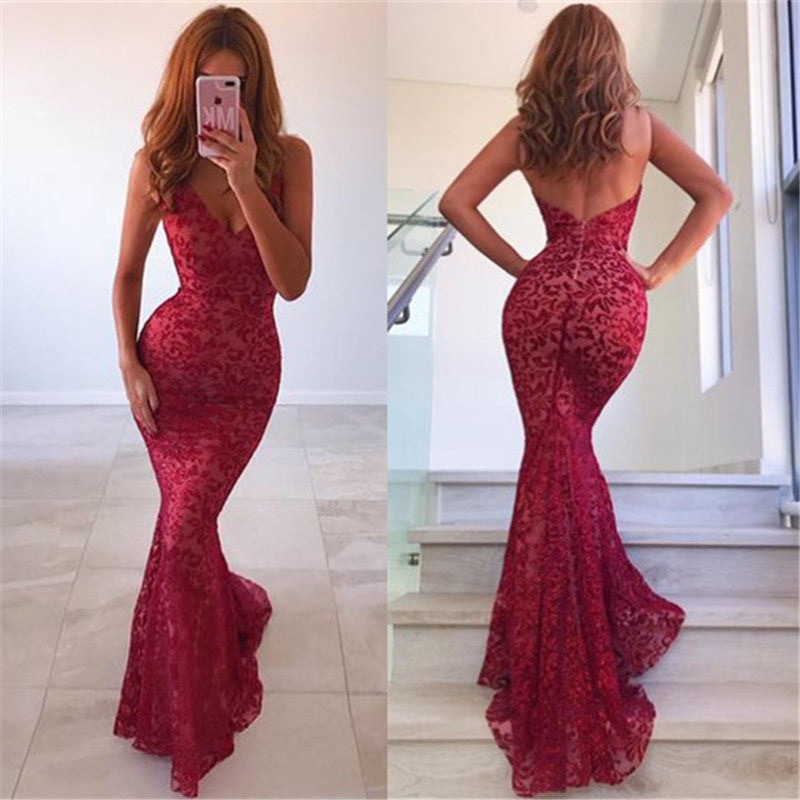 Fashion Burgundy Lace Open Back Spaghetti Strap Prom Dress-BallBride