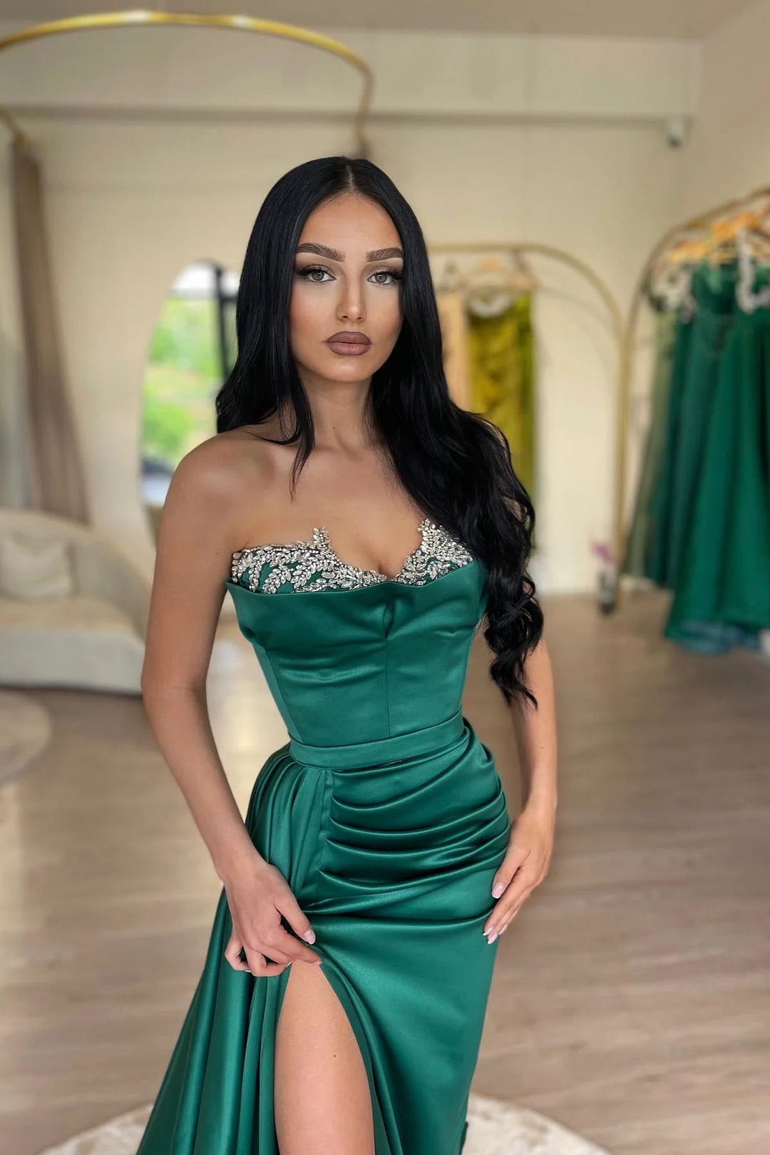 Fashion Dark Green Sweetheart Mermaid Evening Dress Pleats Beadings With Split-BallBride