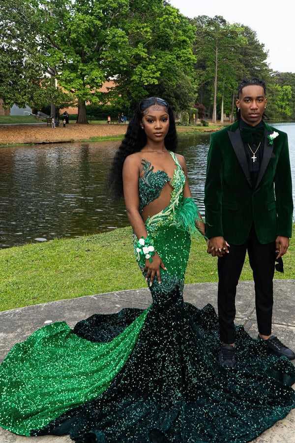 Fashion Green Sequins Sleeveless Mermaid Sleeveless Prom Dresses-BallBride