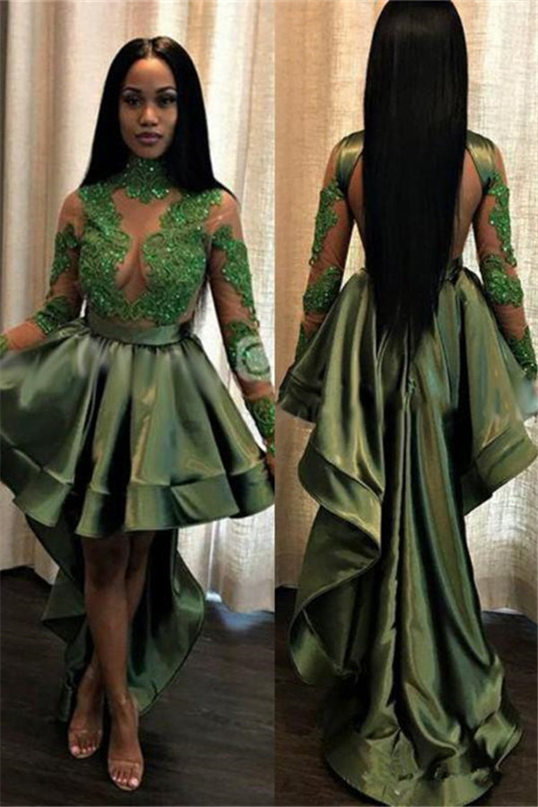 Fashion Hi-lo Long Sleeves Appliques Backless A-Line Prom Dress-BallBride