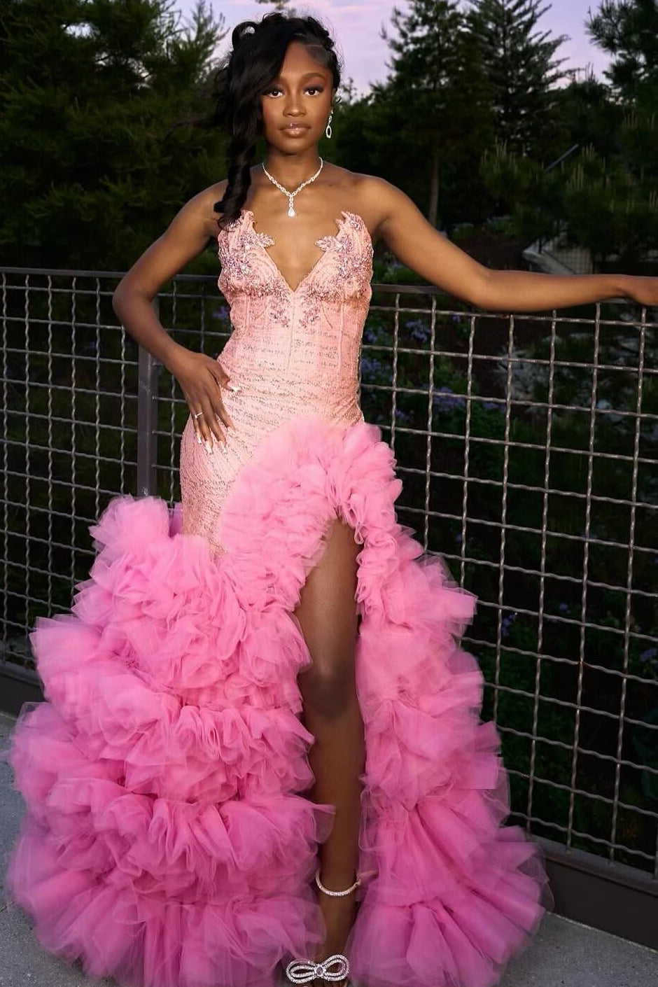 Fashion Pink Sweetheart Tiered Side Slit Appliques Prom Dress-BallBride