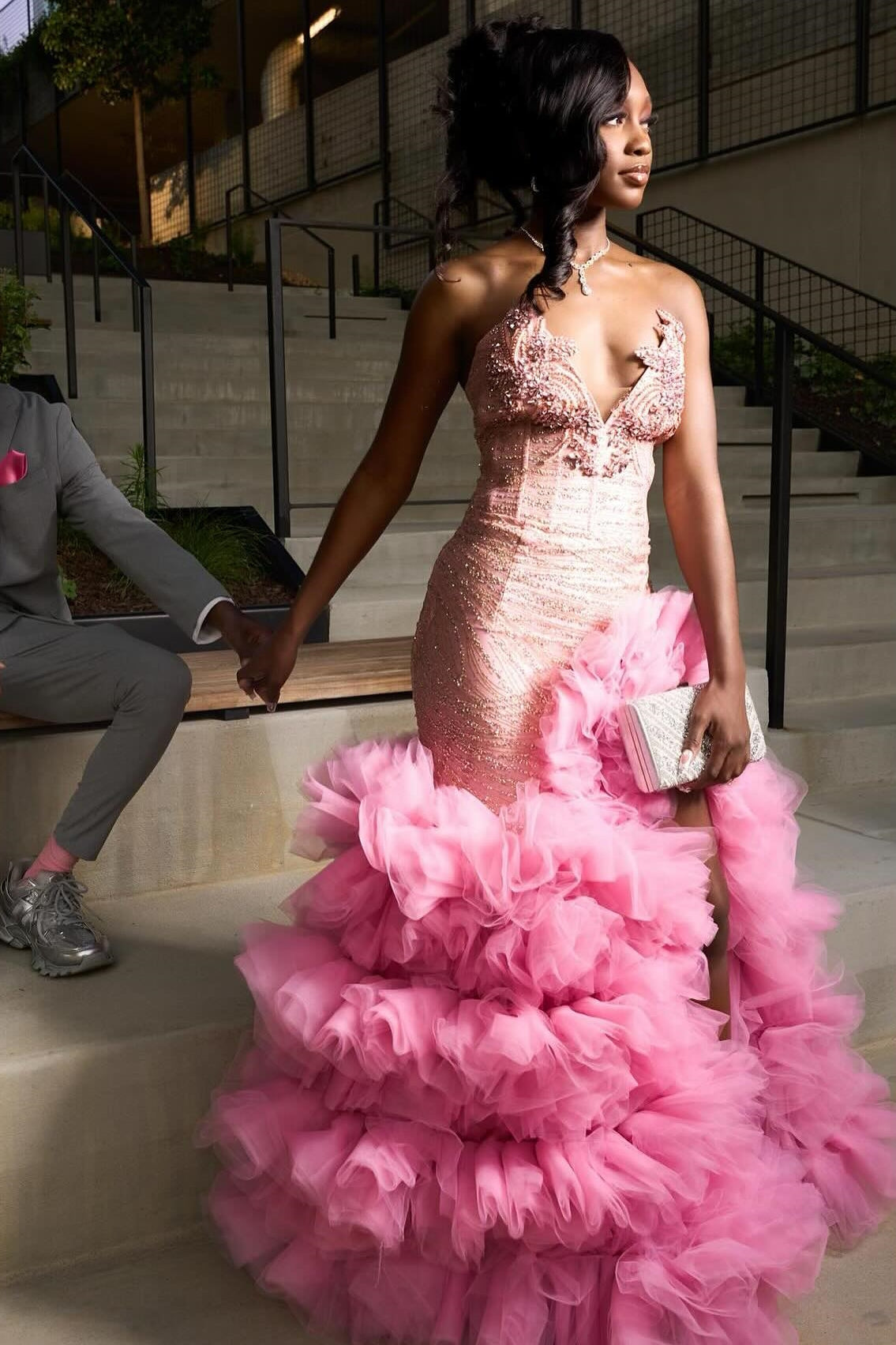 Fashion Pink Sweetheart Tiered Side Slit Appliques Prom Dress-BallBride