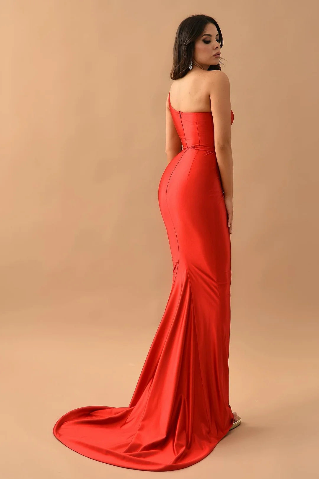 Fashion Red One Shoulder Sleeveless Mermaid Evening Dress Long-BallBride