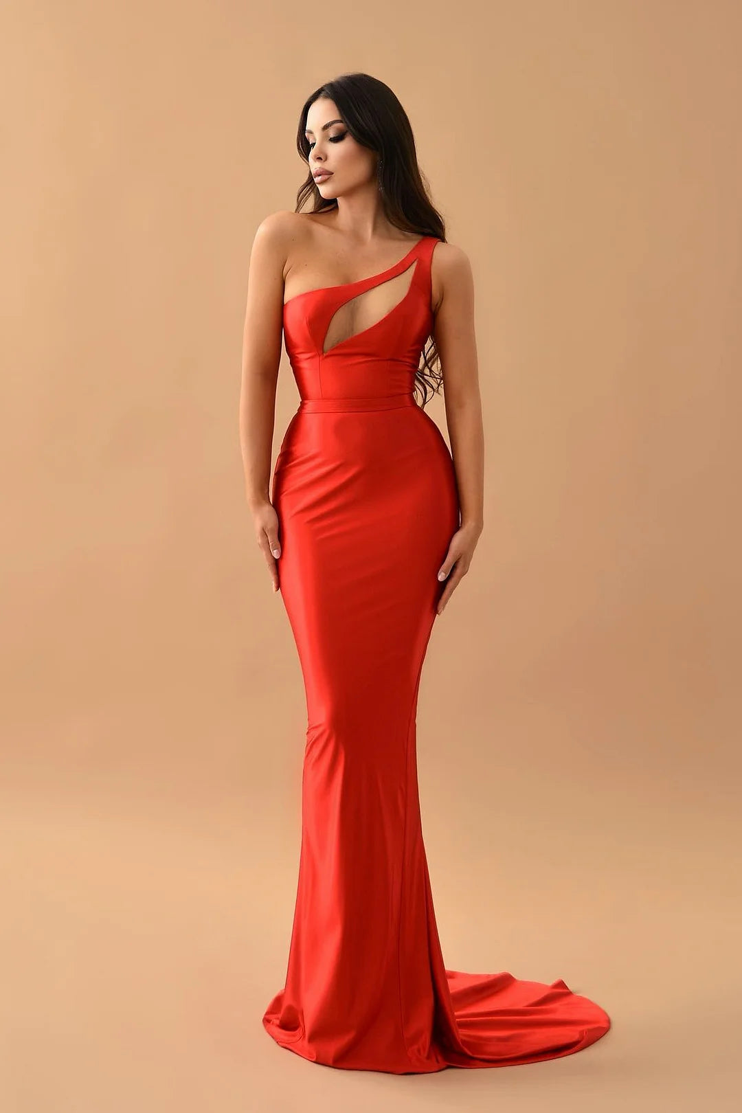 Fashion Red One Shoulder Sleeveless Mermaid Evening Dress Long-BallBride