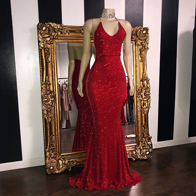 Fashion Red Sequins Spaghetti Straps Sleeveless Prom Dress-BallBride