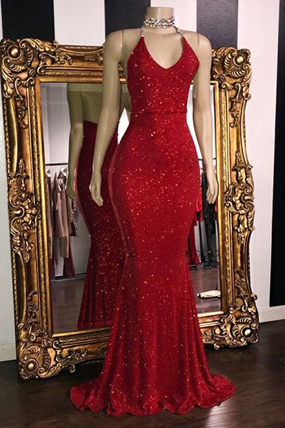 Fashion Red Sequins Spaghetti Straps Sleeveless Prom Dress-BallBride