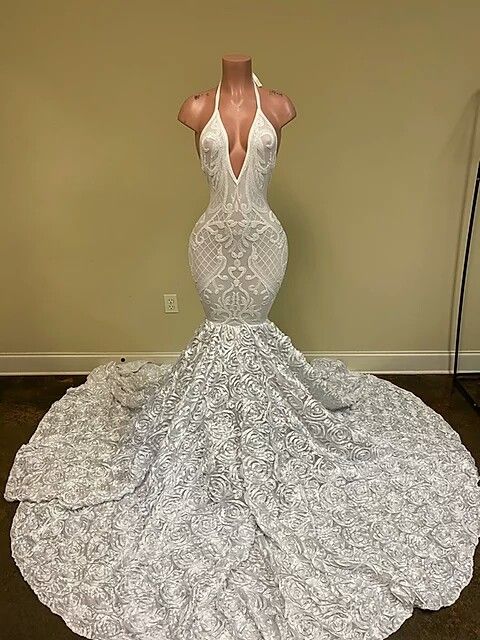 Fashion White Halter Backless Mermaid Flower Bottom Prom Dress-BallBride