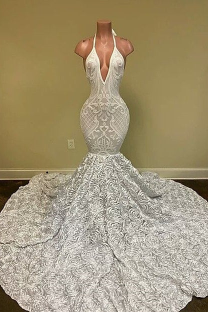 Fashion White Halter Backless Mermaid Flower Bottom Prom Dress-BallBride