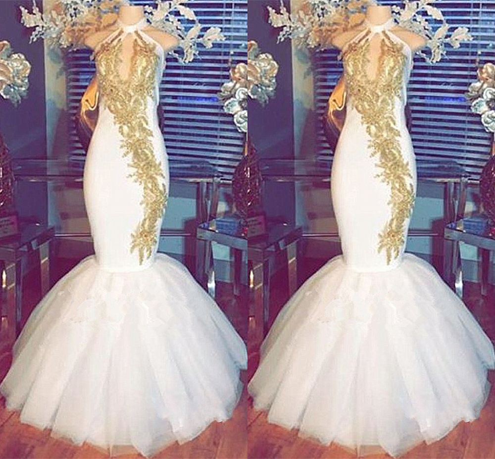 Fashion White Halter Sleeveless Tulle Appliques Prom Dress-BallBride