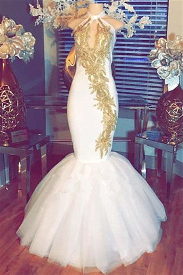 Fashion White Halter Sleeveless Tulle Appliques Prom Dress-BallBride