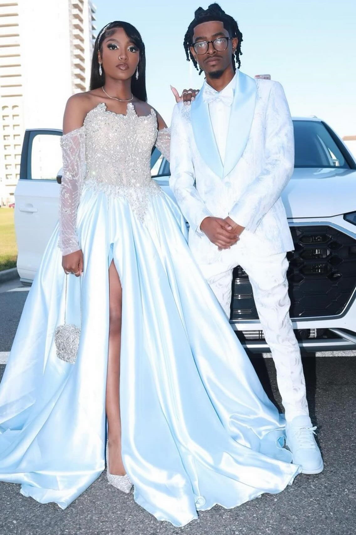 Fashion White Off Shoulder A-Line Side Slit Lace Prom Dress-BallBride