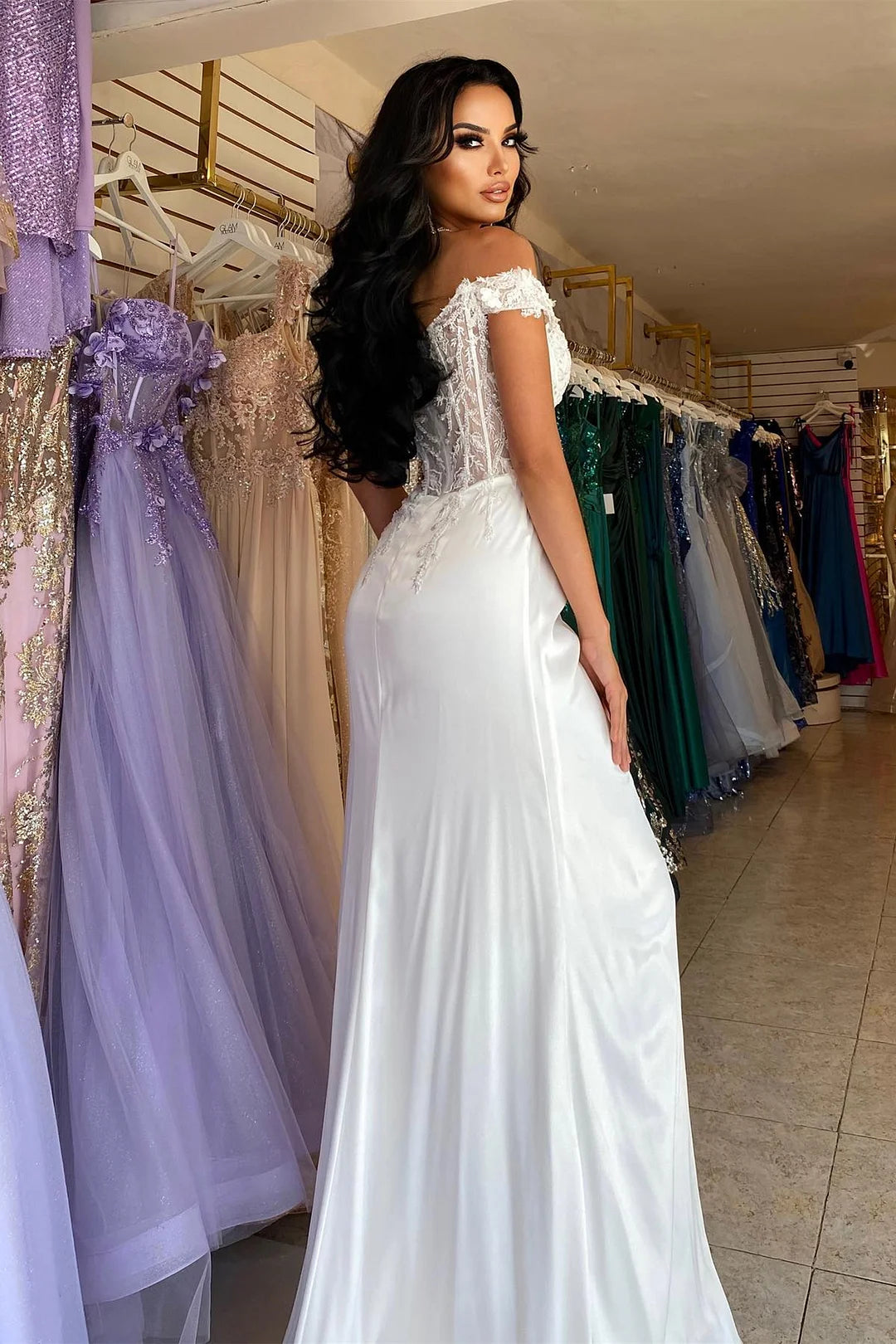 Fashion White Off-The-Shoulder Sweetheart Evening Dress Appliques With High Split-BallBride