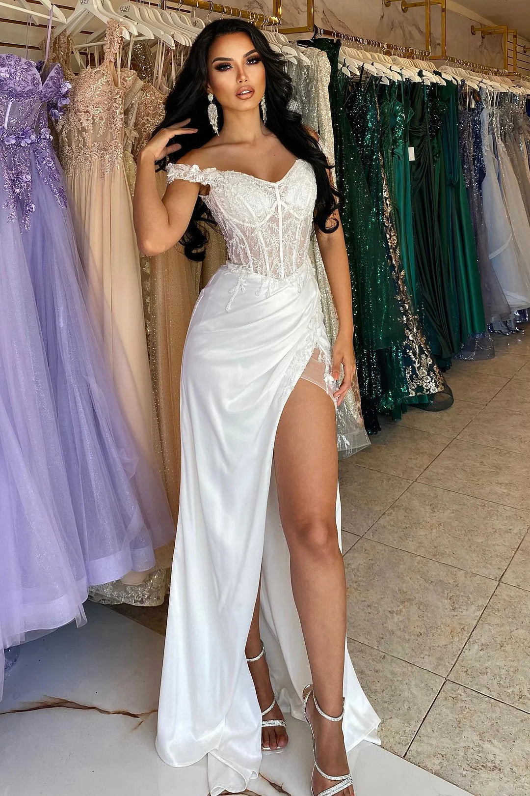 Fashion White Off-The-Shoulder Sweetheart Evening Dress Appliques With High Split-BallBride