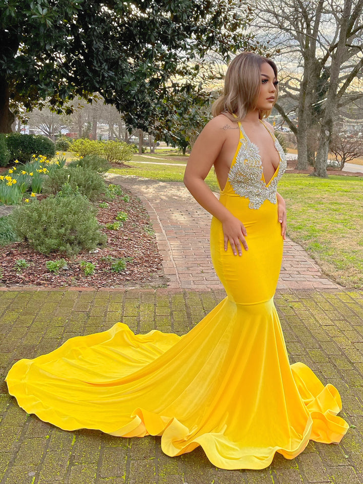 Fashion Yellow Halter Open Back Appliques Mermaid Prom Dress-BallBride