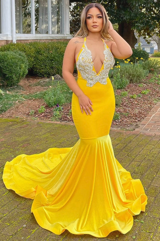 Fashion Yellow Halter Open Back Appliques Mermaid Prom Dress-BallBride