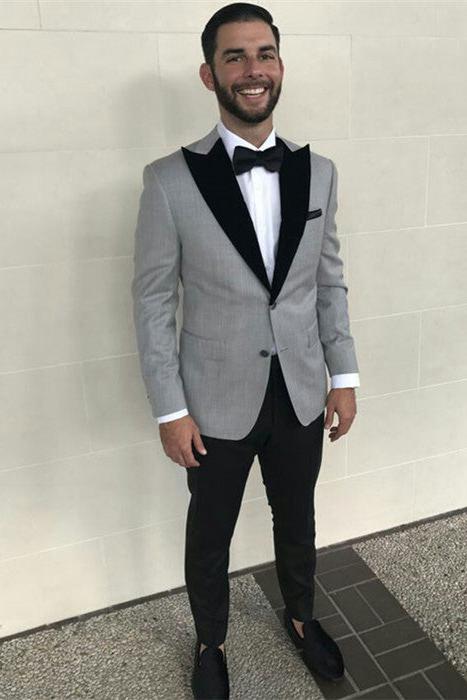 Formal Grey Slim Fit Business Suit with Black Peaked Lapel-BallBride