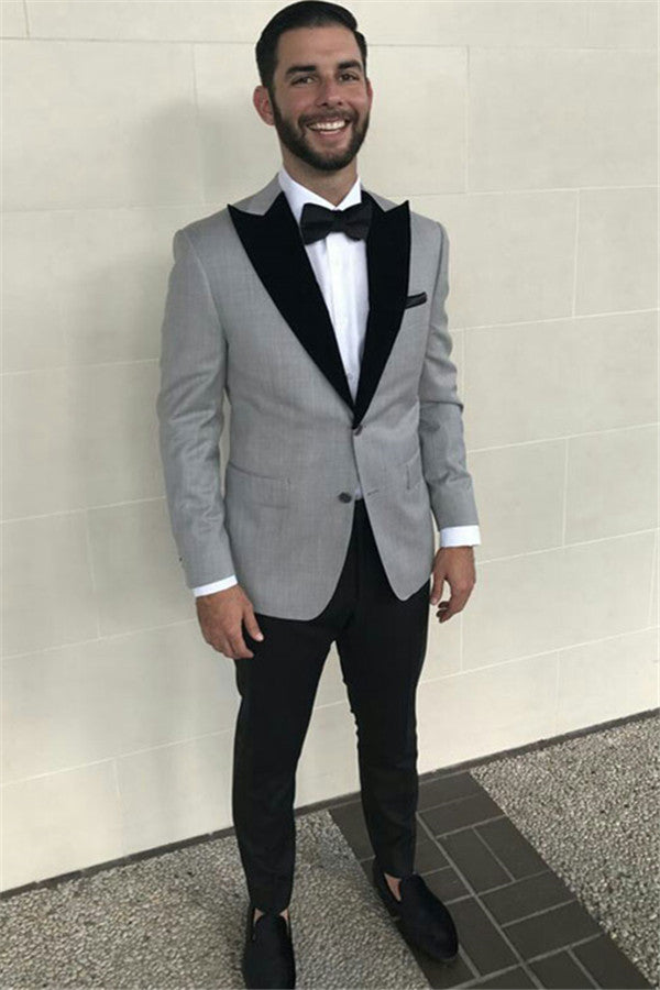 Formal Grey Slim Fit Business Suit with Black Peaked Lapel-BallBride