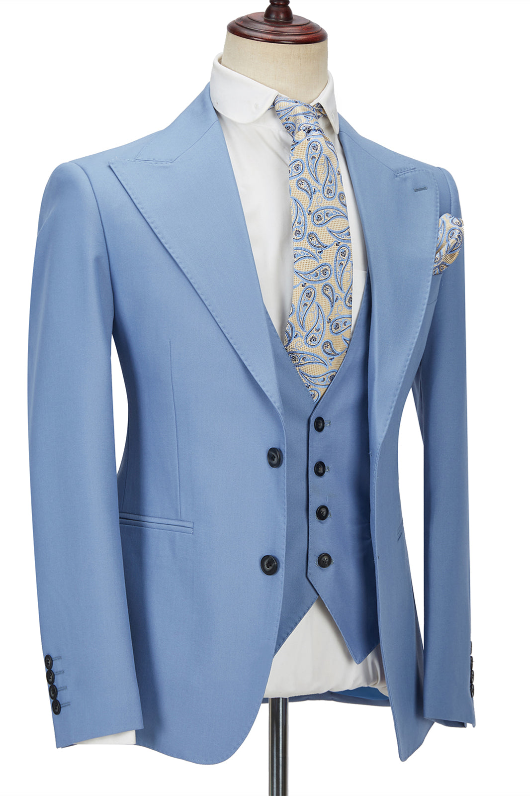 Gentle Blue Peak Lapel Men's Suit | 3 Piece Formal Suit without Flap-BallBride