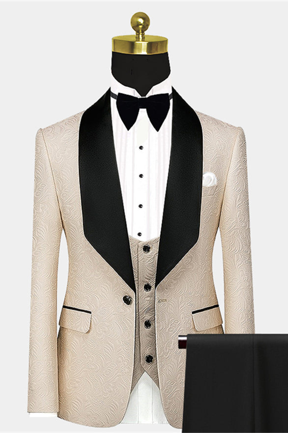 Gentle Champagne Floral Jacquard Wedding Suit with Black Large Lapel-BallBride