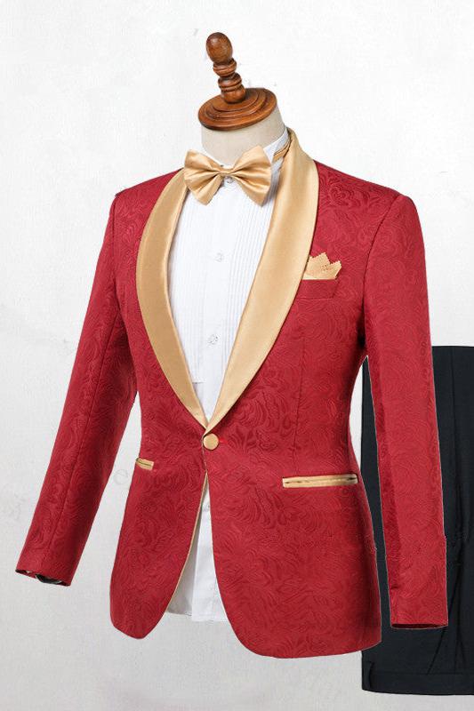 Gentle Red Shawl Lapel Jacquard Men's Wedding Suit with One Button-BallBride