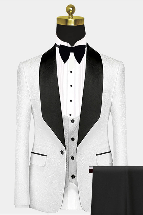 Gentle White and Black Jacquard Suits For Men-BallBride
