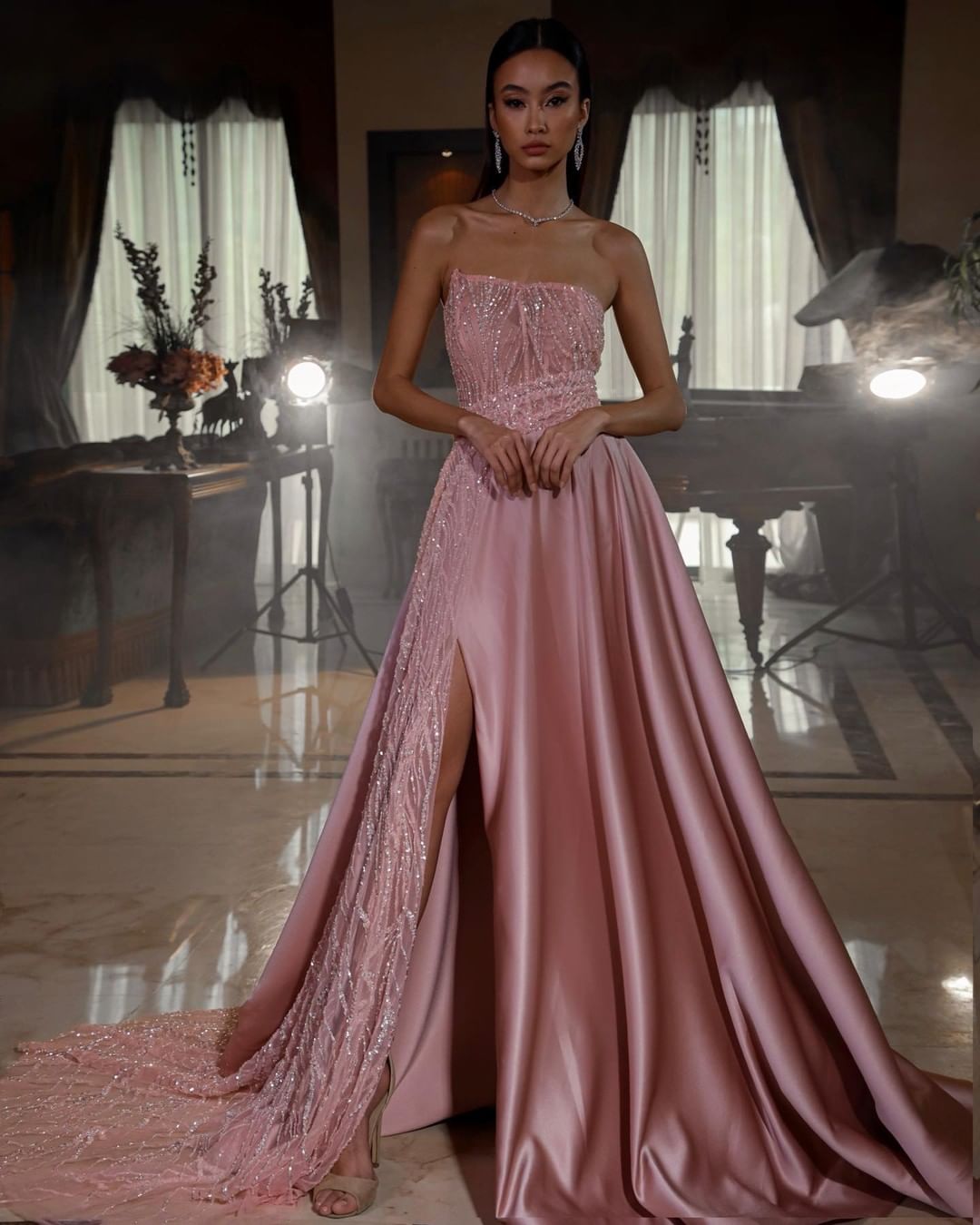 Get Ready to Shine: Modern Pink Sequins Prom Dress with Long Slit and Sleevless Design.-BallBride