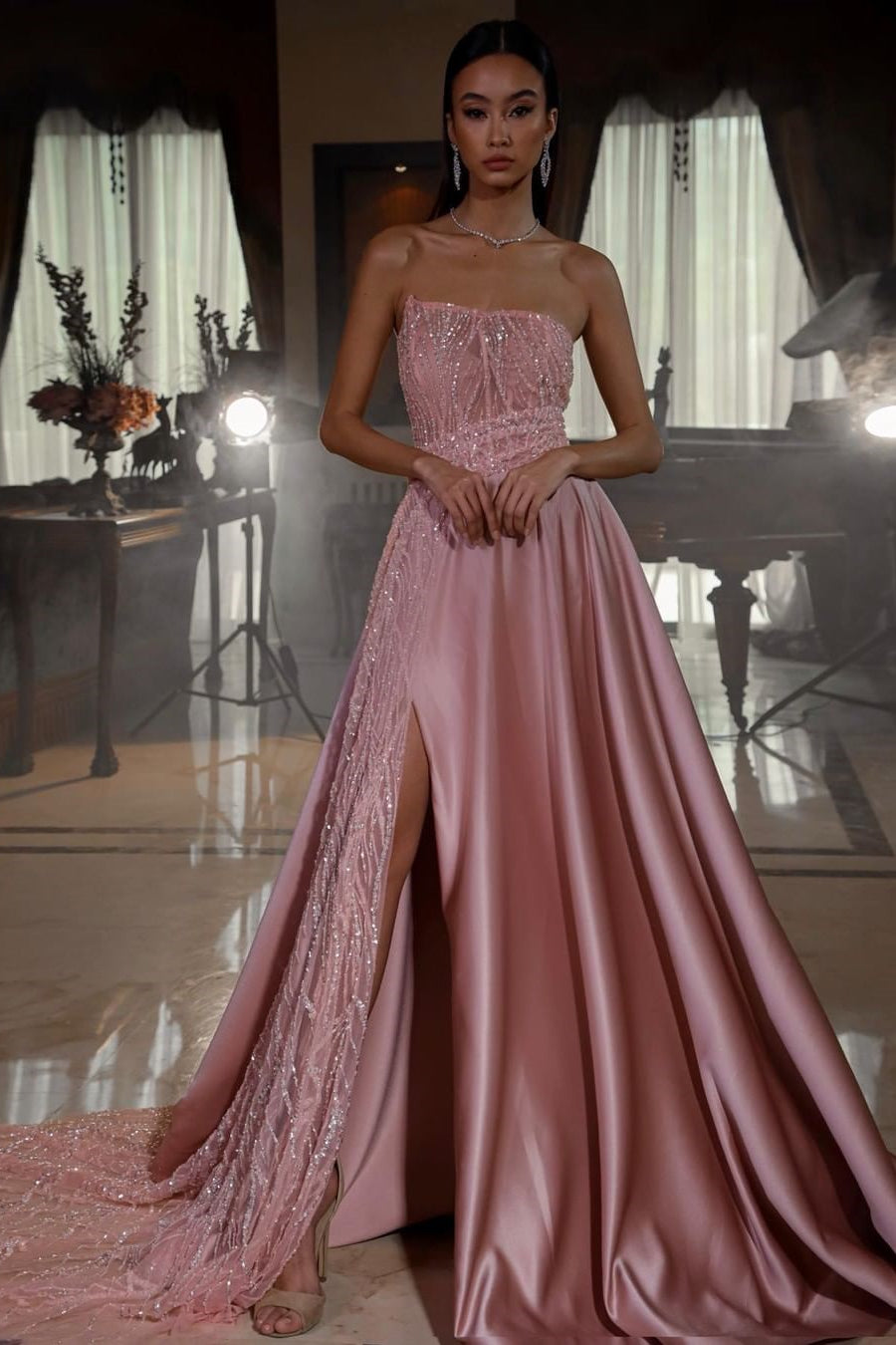 Get Ready to Shine: Modern Pink Sequins Prom Dress with Long Slit and Sleevless Design.-BallBride