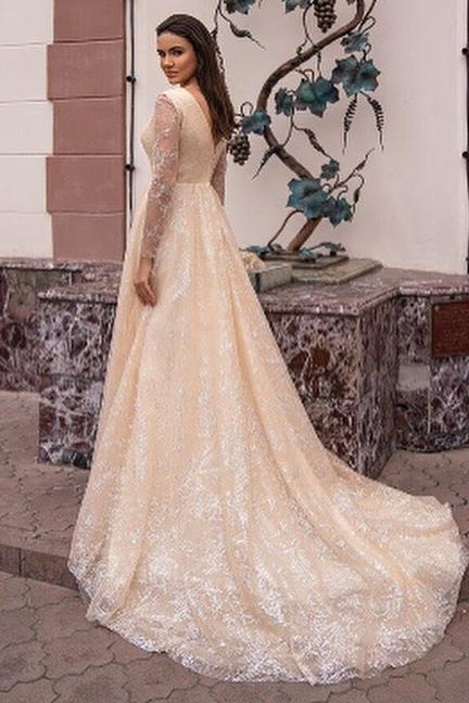 Glamorous A-line V-neck Wedding Dress with Long Sleeves and Glitter Detail-BallBride