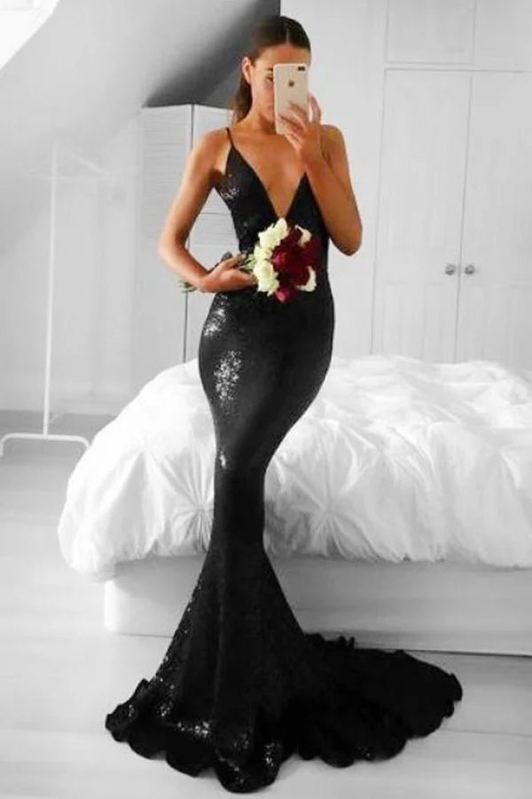 Glamorous Black Sequins Mermaid Evening Dress Spaghetti-Straps V-Neck-BallBride
