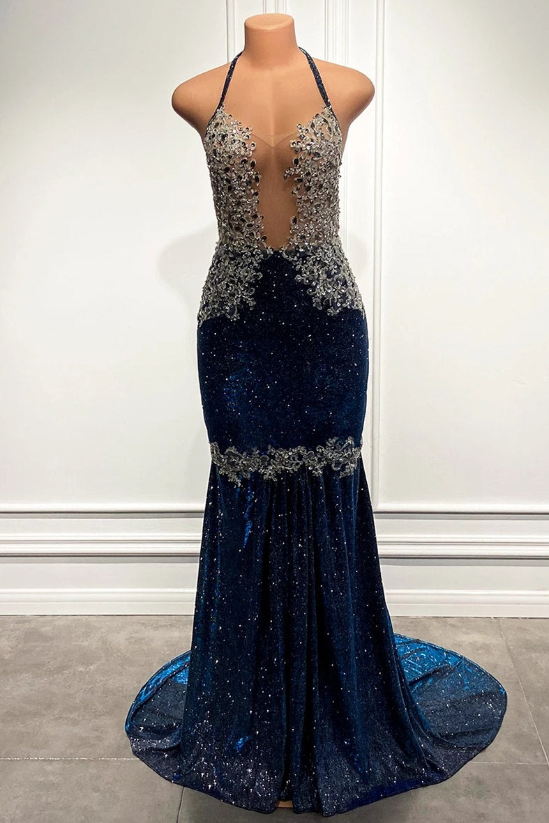 Glamorous Blue Mermaid Prom Dress with Spaghetti-Straps and Sequins-BallBride