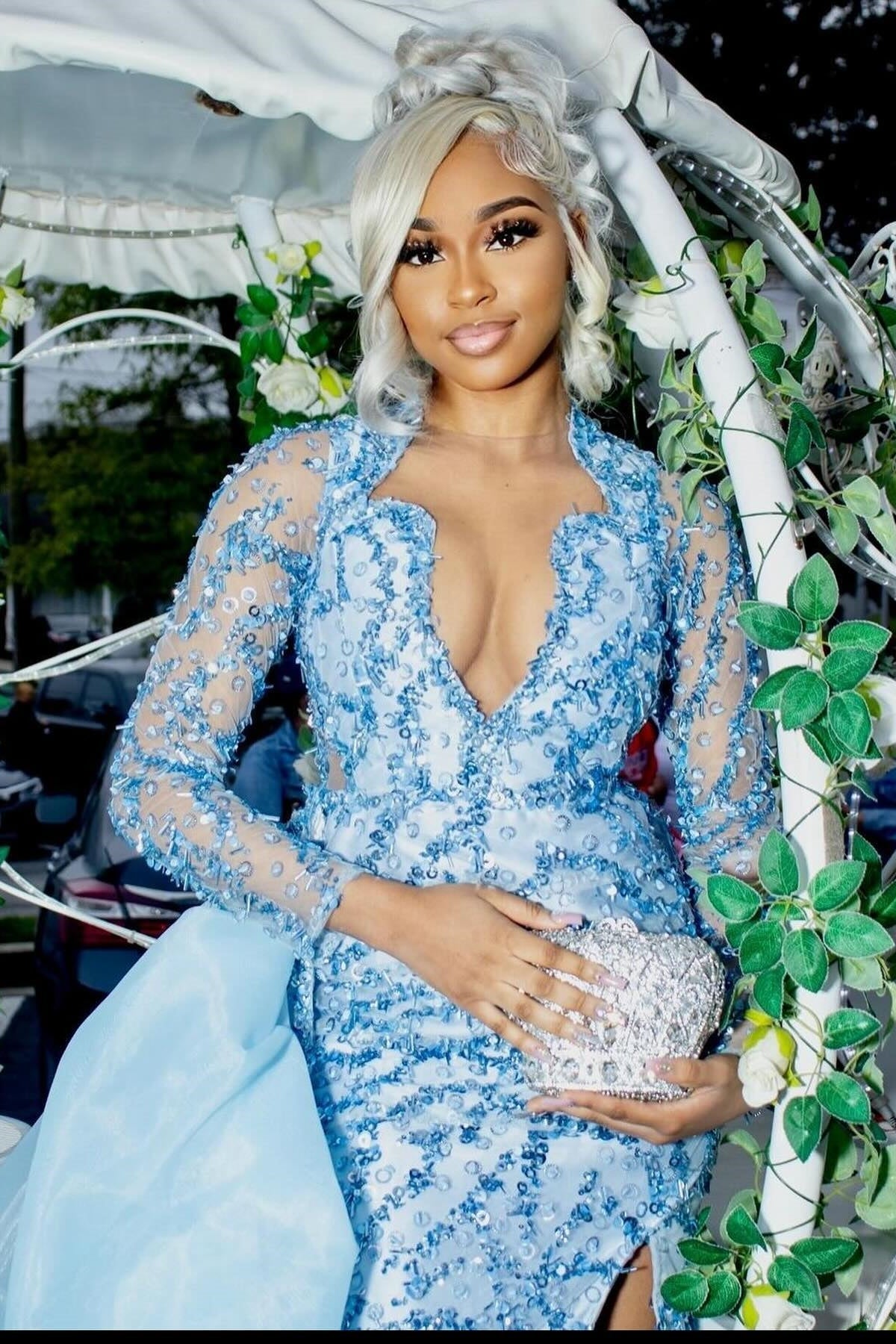 Glamorous Blue Sheath Long Sleeve V-Neck Crystal Prom Dress with Overskirt-BallBride
