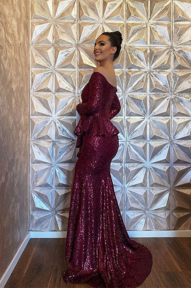 Glamorous Burgundy Sequined Mermaid Evening Dress with Long Sleeves and Slit-BallBride